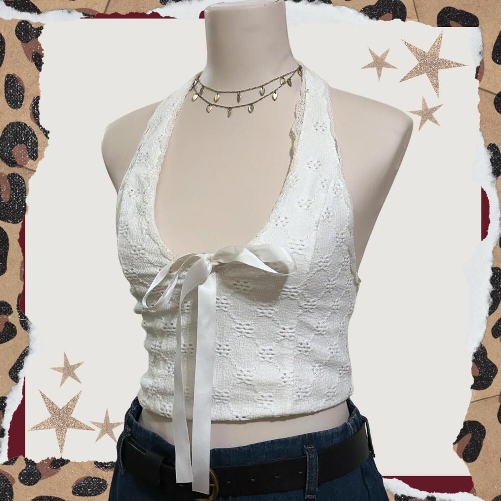 Vintage Inspired White Lace Halter Crop Top with Satin Bow - Y2K Coquette Style